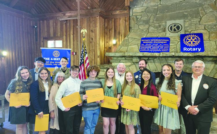 Habersham Rotary Scholarship winners and mentors for 2024 include (front row, from left) Hanna Chitwood, Michelle LeBlanc, Barbara Strain, Reece Baca, Casey Blake Howard, Kaitlyn Gibson, Kinsley Harrison, Danica Inkeo and Charlize Barbour. Back row are (from left) Daniel Ballesteros, Bobby Ray Wallace, Gary Morris, John Borrow, David Foster and Rotary President Bradley Cook. SUBMITTED