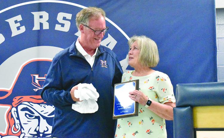 Habersham Central Athletic Director Geep Cunningham got emotional while inducting his longtime colleague Terri Roberts on Wednesday night. MATTHEW OSBORNE/Staff